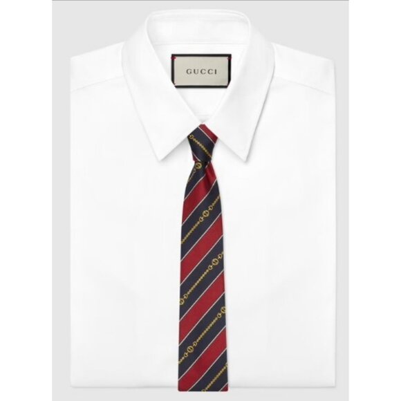 Gucci Navy/red Silk Interlocking G Chain Striped Tie - Picture 11 of 11